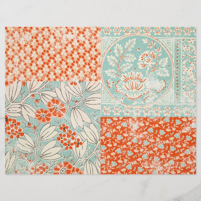 Teal and Red Floral Scrapbook Junk Journal Paper (Front)