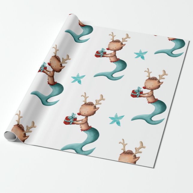Teal and Red Mermaid Reindeer Christmas Wrapping Paper (Unrolled)