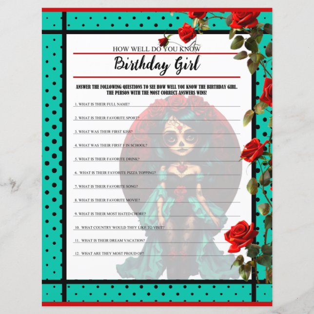 Teal and Red Roses Sugar Skull How Well Game (Front)