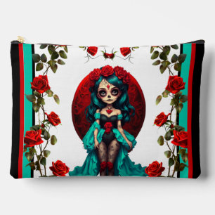 Teal and Red Roses Sugar Skulls Accessory Pouch