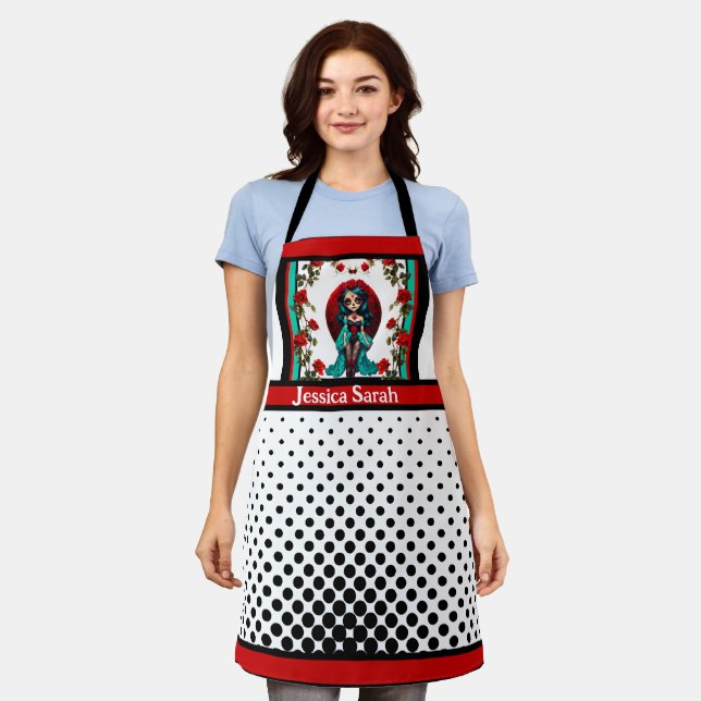 Teal and Red Roses Sugar Skulls Apron (Worn)