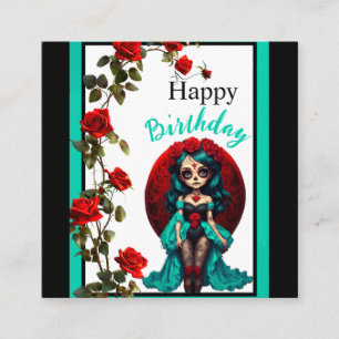 Teal and Red Roses Sugar Skulls Enclosure Card