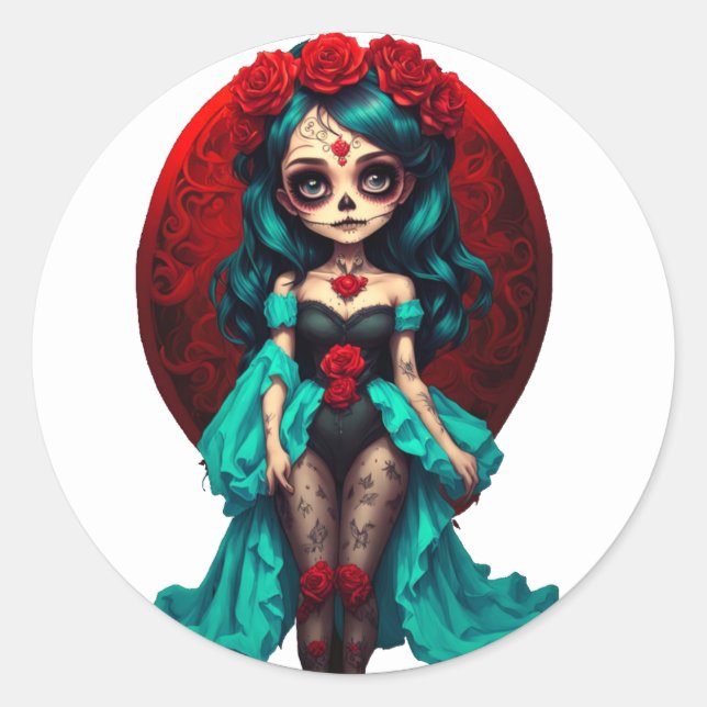 Teal and Red Roses Sugar Skulls envelopes seals (Front)