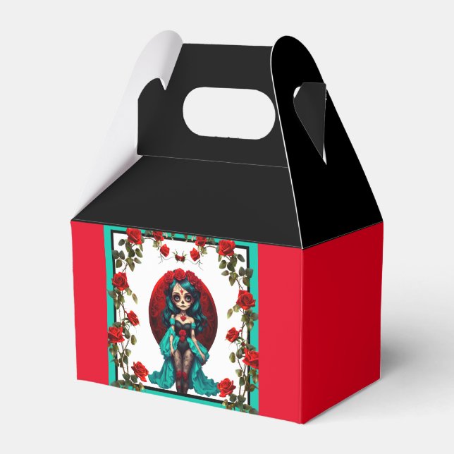 Teal and Red Roses Sugar Skulls    Favor Boxes (Front Side)