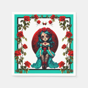 Teal and Red Roses Sugar Skulls Napkins