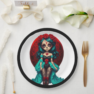 Teal and Red Roses Sugar Skulls   Paper Plates