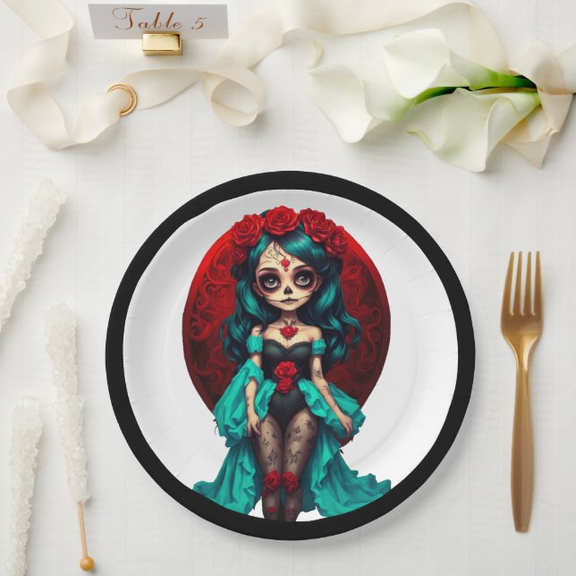 Teal and Red Roses Sugar Skulls   Paper Plates (Wedding)