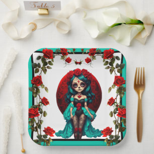 Teal and Red Roses Sugar Skulls Paper Plates