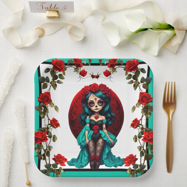 Teal and Red Roses Sugar Skulls  Paper Plates (Wedding)