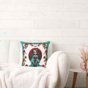 Teal and Red Roses Sugar Skulls Throw Pillow