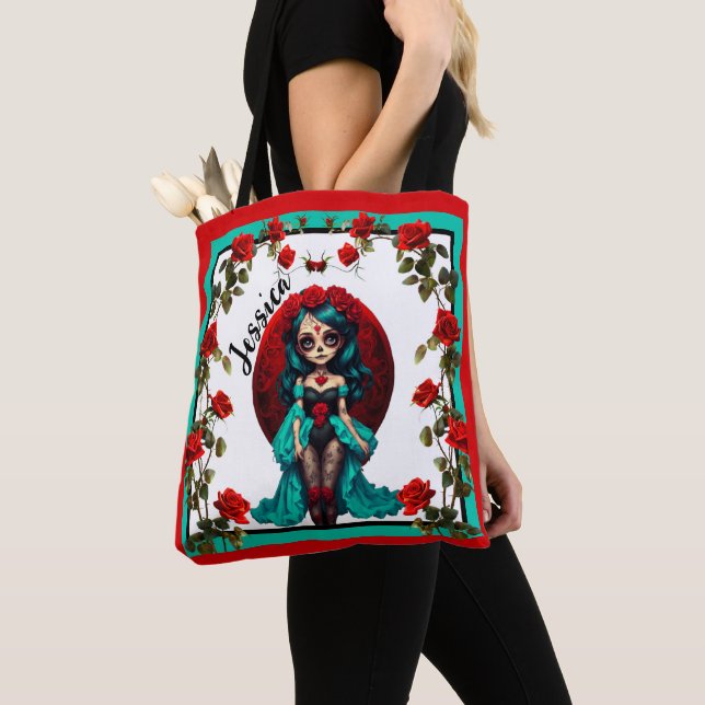 Teal and Red Roses Sugar Skulls Tote Bag (Close Up)