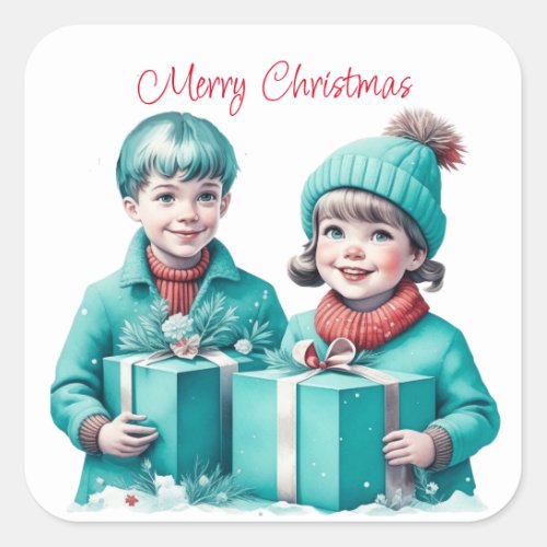 Teal and Red Vintage Merry Christmas Square Sticker