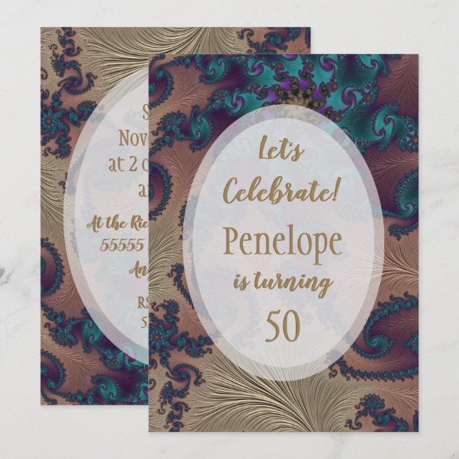 Teal and Rose Gold Feathery Fractal 50th Birthday Invitation (Front/Back)