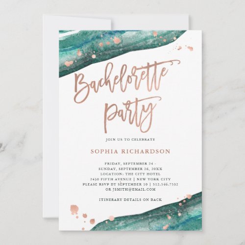 Teal and Rose Gold Geode Bachelorette Party Invitation