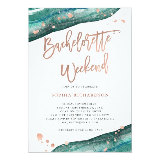 Teal and Rose Gold Geode Bachelorette Weekend Invitation