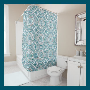 Teal and Sand Coastal Mandala Pattern Shower Curtain
