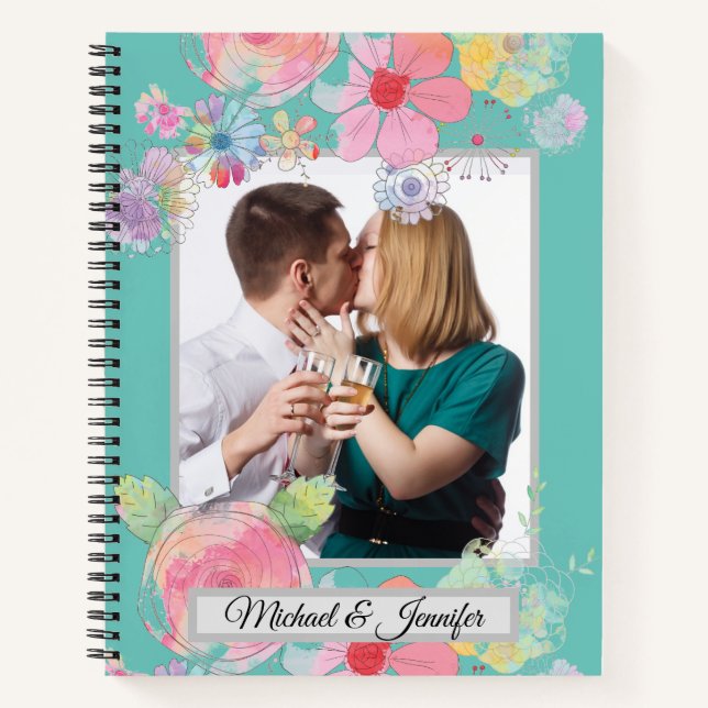 Teal and Shabby Chic Floral Custom Couples Photo Notebook (Front)