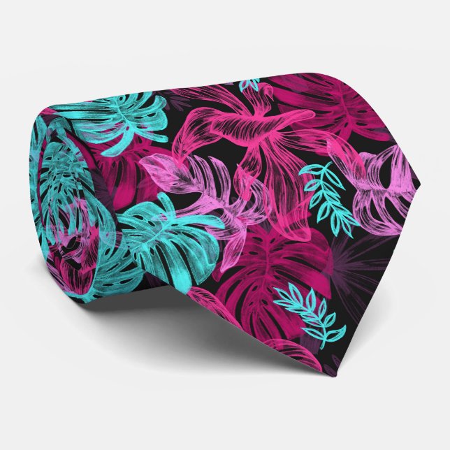 Teal and Shades of Pink Tropical Leaves Neck Tie (Rolled)