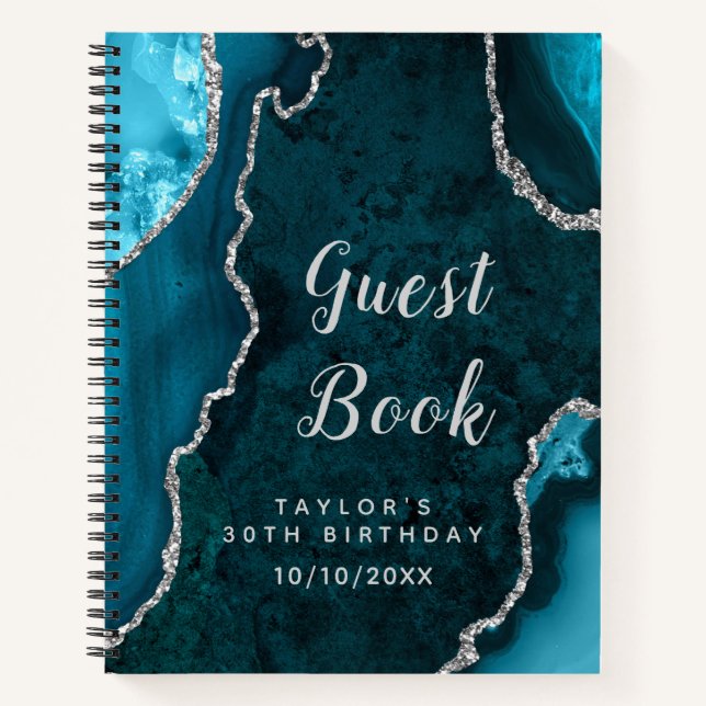 Teal and Silver Agate Birthday Guest Book (Front)