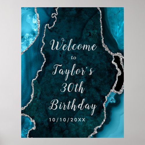 Teal and Silver Agate Birthday Welcome Poster