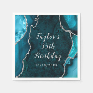 Teal and Silver Agate Marble Birthday Napkins