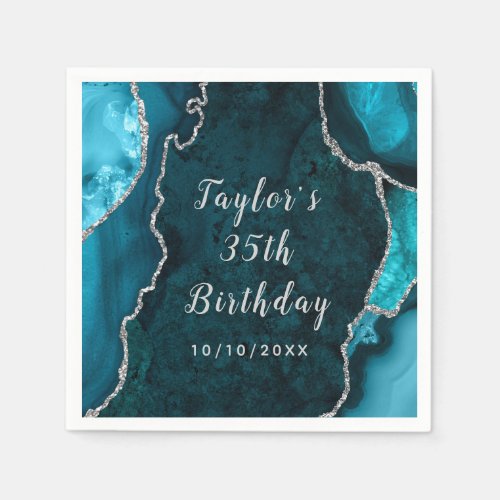 Teal and Silver Agate Marble Birthday Napkins