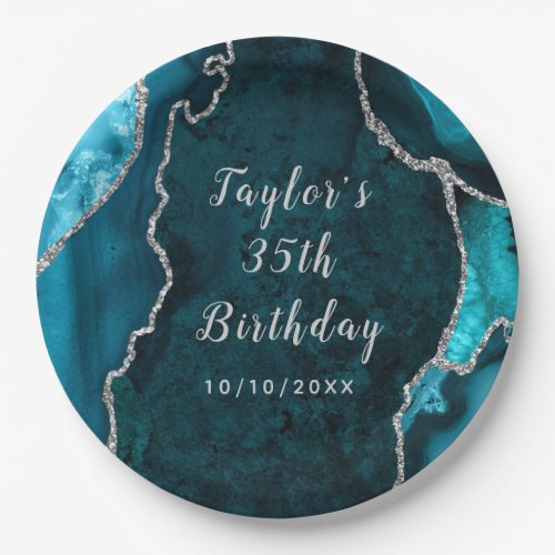 Teal and Silver Agate Marble Birthday Paper Plates