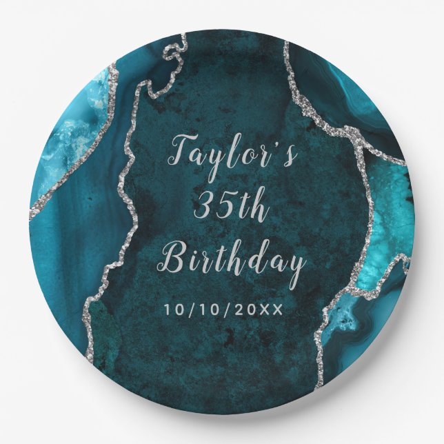 Teal and Silver Agate Marble Birthday Paper Plates (Front)