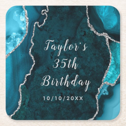 Teal and Silver Agate Marble Birthday Square Paper Coaster