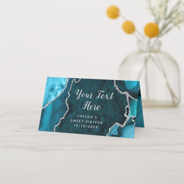 Teal and Silver Agate Marble Sweet Sixteen Place Card (Front)