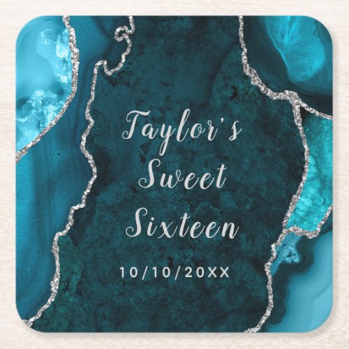 Teal and Silver Agate Marble Sweet Sixteen Square Paper Coaster