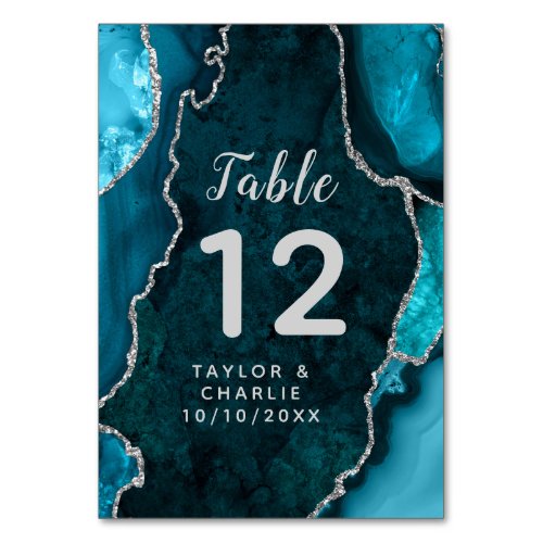 Teal and Silver Agate Marble Wedding Table Number