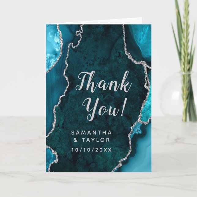 Teal and Silver Agate Marble Wedding Thank You Card (Front)