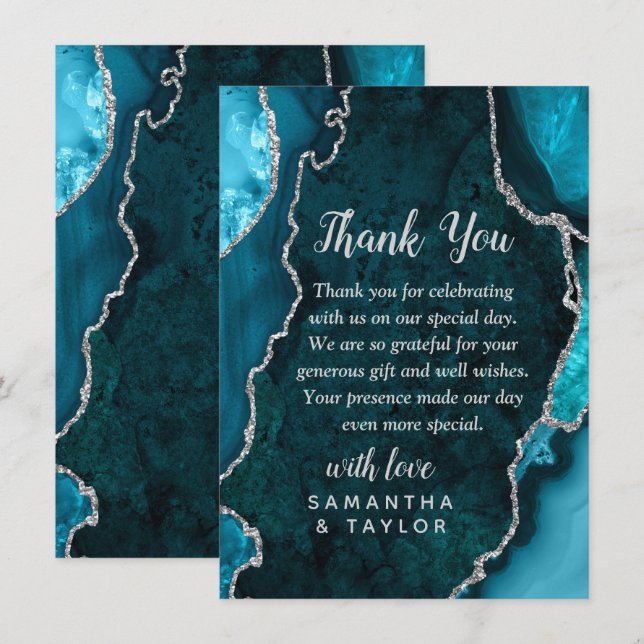 Teal and Silver Agate Marble Wedding Thank You Card (Front/Back)