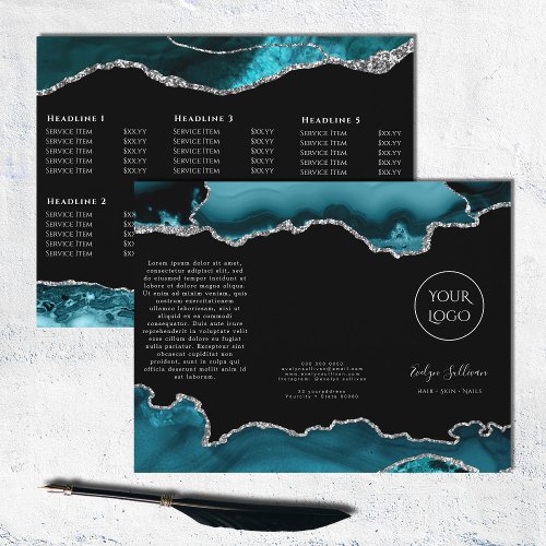 teal and silver agate on black brochure