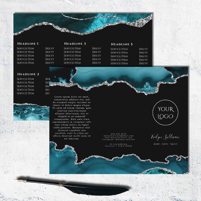teal and silver agate on black brochure (Creator Uploaded)