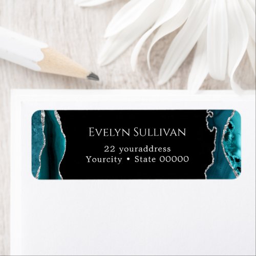 Teal and silver agate return address label