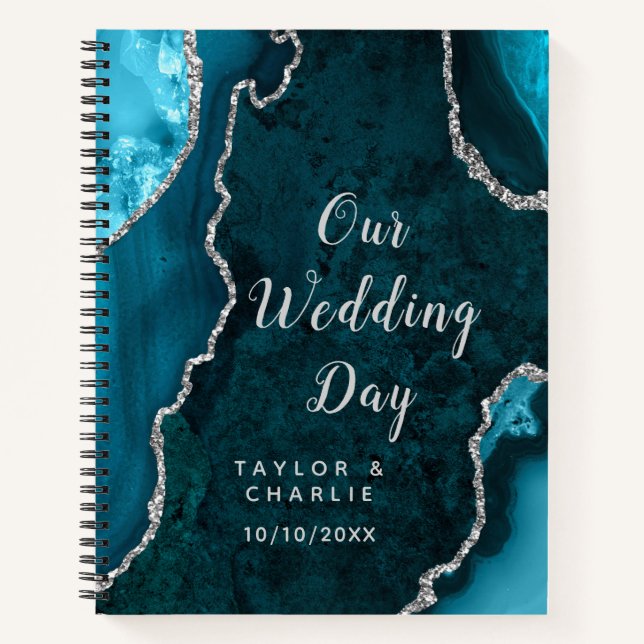 Teal and Silver Agate Wedding Planner Notebook (Front)