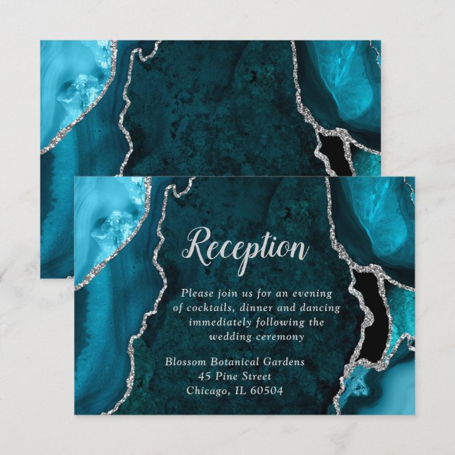 Teal and Silver Agate Wedding Reception Enclosure Card (Front/Back)