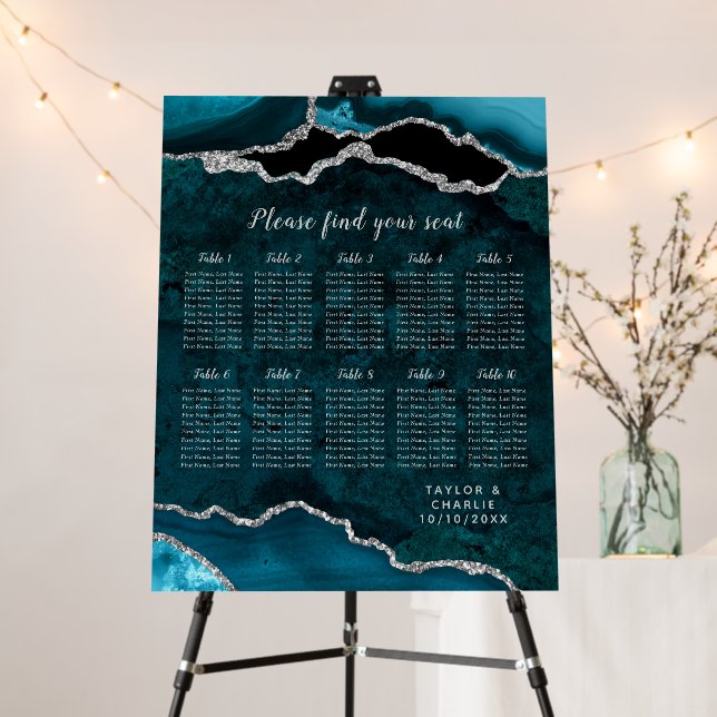 Teal and Silver Agate Wedding Seating Chart Foam Board (In Situ (Stand))