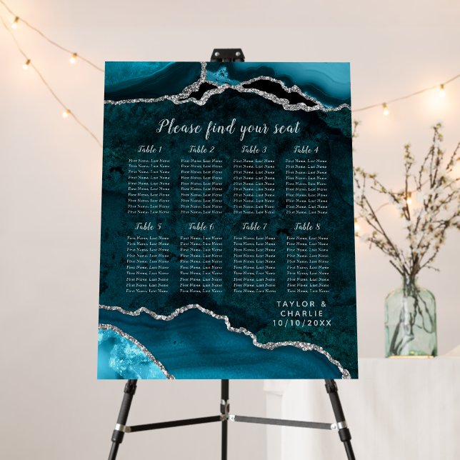 Teal and Silver Agate Wedding Seating Chart Foam Board (In Situ (Stand))
