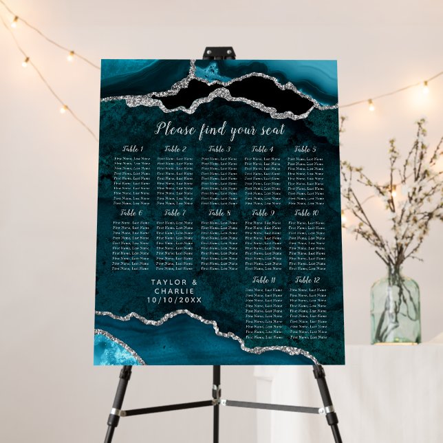 Teal and Silver Agate Wedding Seating Chart Foam Board (In Situ (Stand))