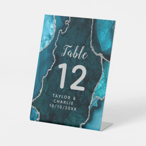 Teal and Silver Agate Wedding Table Number Pedestal Sign