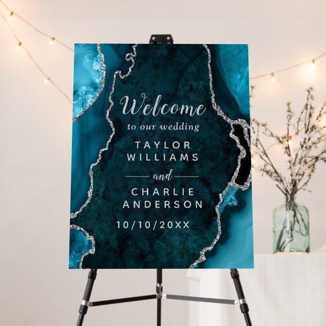 Teal and Silver Agate Wedding Welcome Foam Board (In Situ (Stand))