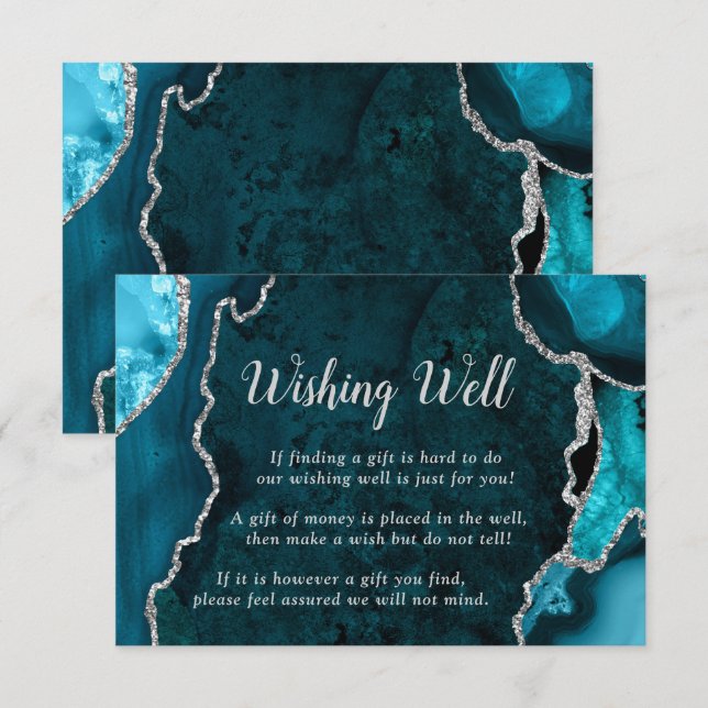 Teal and Silver Agate Wedding Wishing Well Enclosure Card (Front/Back)