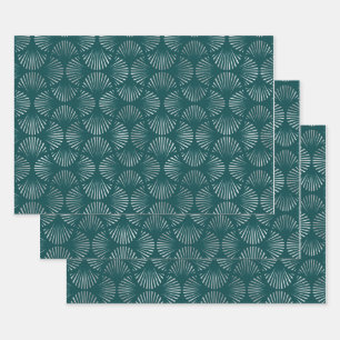 Teal and Silver Art Deco Fan Pattern Wrapping Paper Sheets