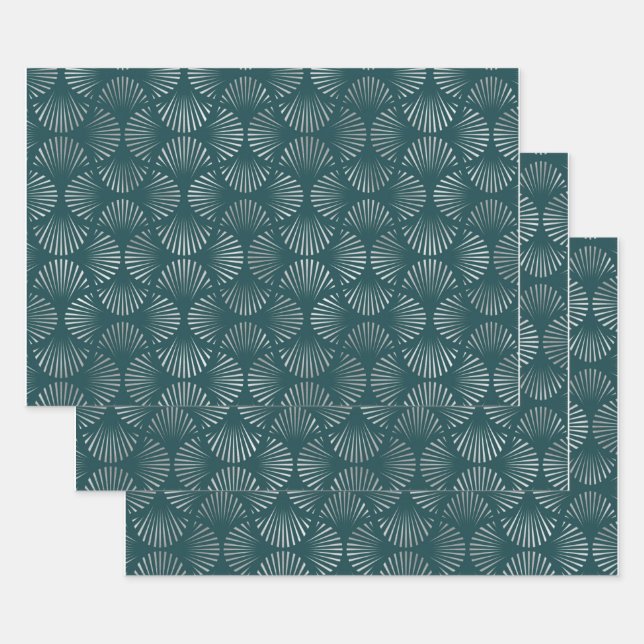 Teal and Silver Art Deco Fan Pattern Wrapping Paper Sheets (Set)