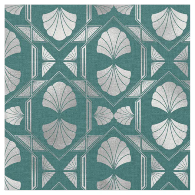 Shell Pattern Teal Teal and Silver Art Deco Shell Pattern Fabric | Zazzle