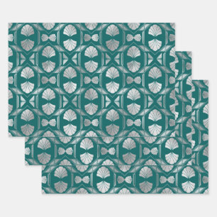 Teal and Silver Art Deco Shell Pattern Wrapping Paper Sheets