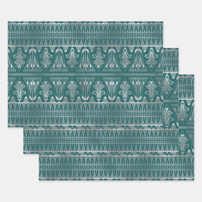 Teal and Silver Art Deco Wrapping Paper Sheets (Set)